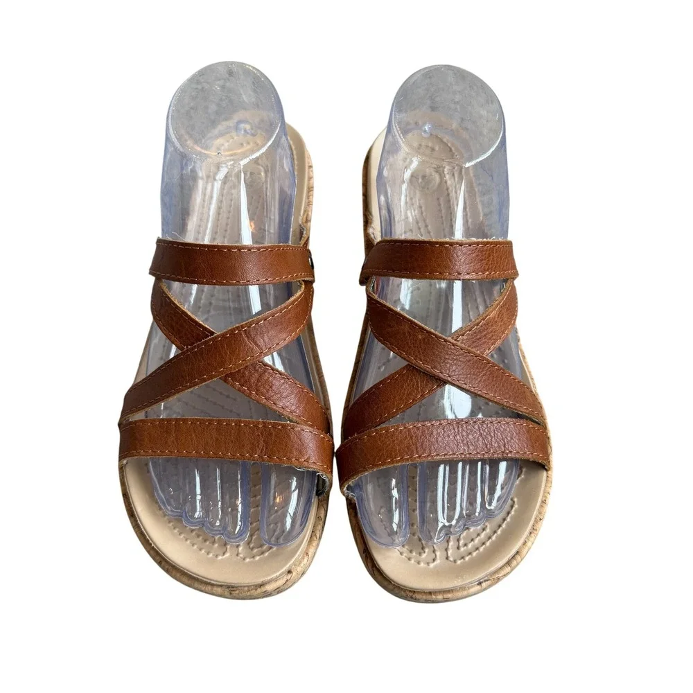 Crocs A-Leigh Cork Wedge Sandals Brown Leather Strap Slip On Slide Women's Sz 10